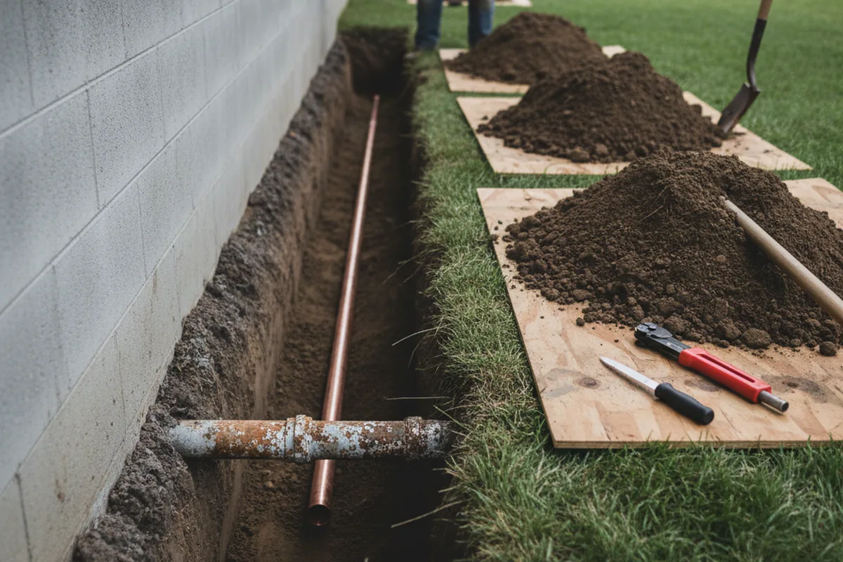 Excavated water line trench during Sewer Line Repair in Port Orchard